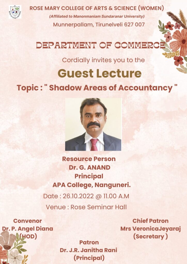 Guest Lecture on ” Shadow areas of Accountancy” on 26/10/2022 from Commerce Department