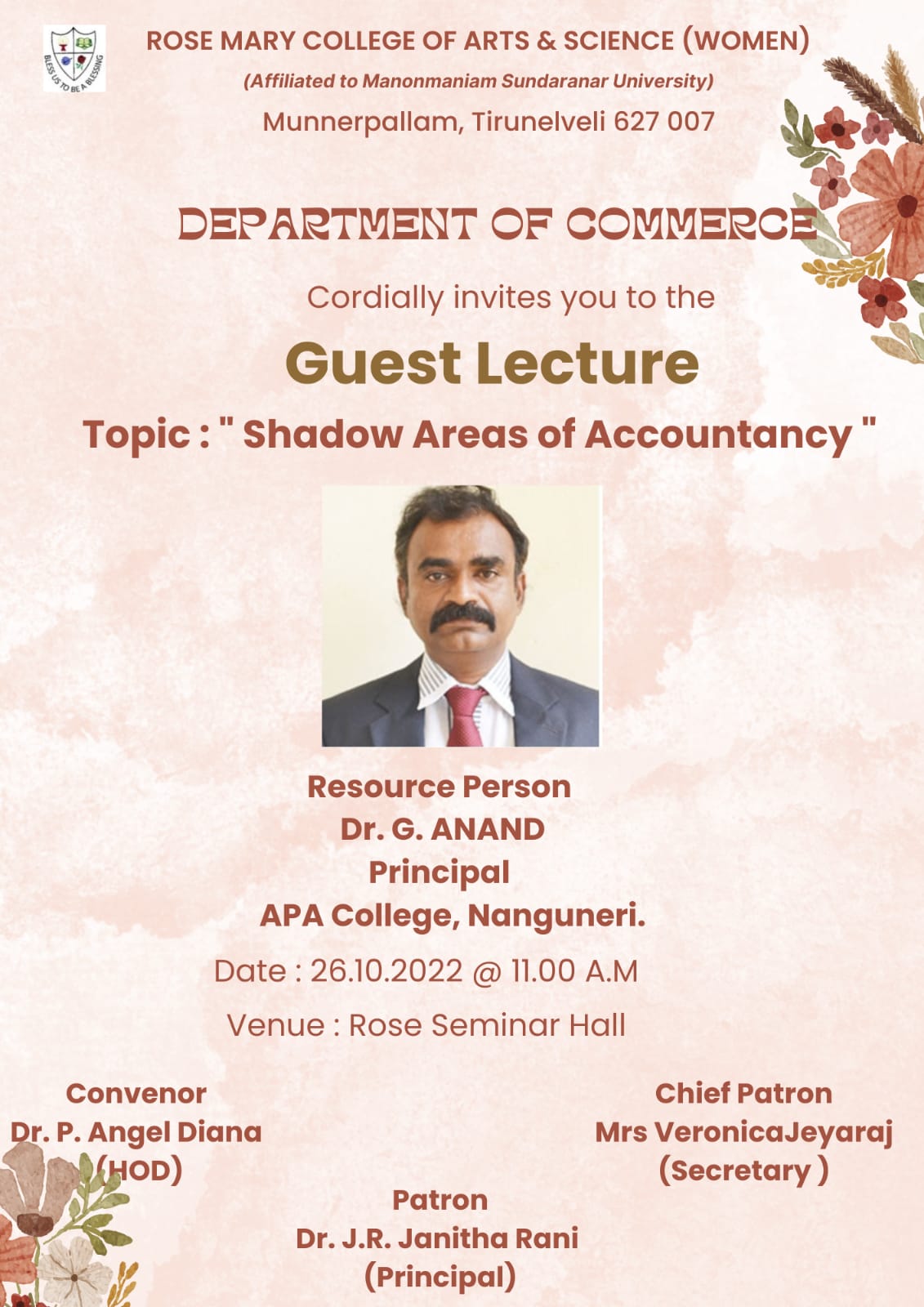 Read more about the article Guest Lecture on ” Shadow areas of Accountancy” on 26/10/2022 from Commerce Department