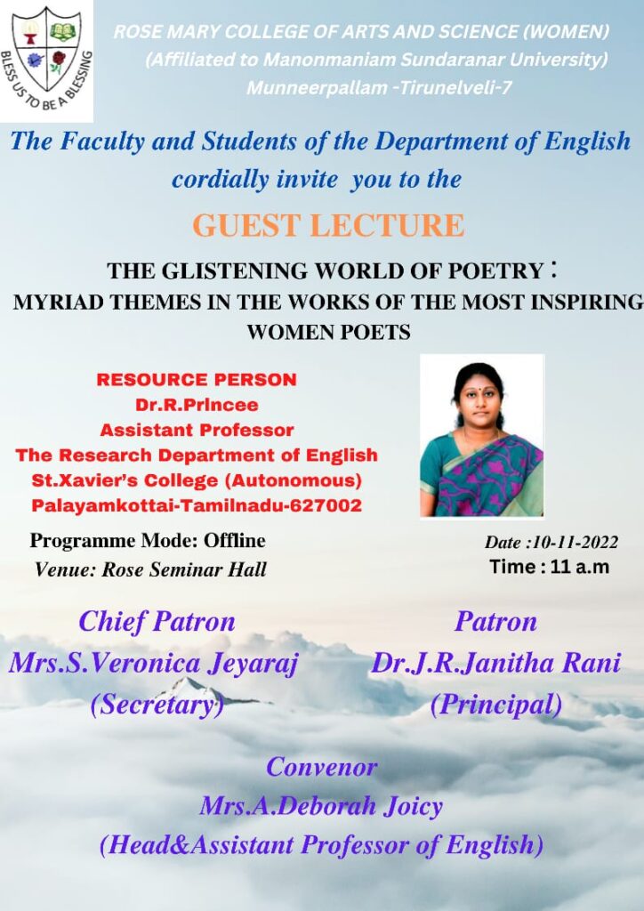 Guest Lecture on “The Glistering world of Poetry:Myriad themes in the works of the most inspiring women poets” on 10/11/2022 from English Department