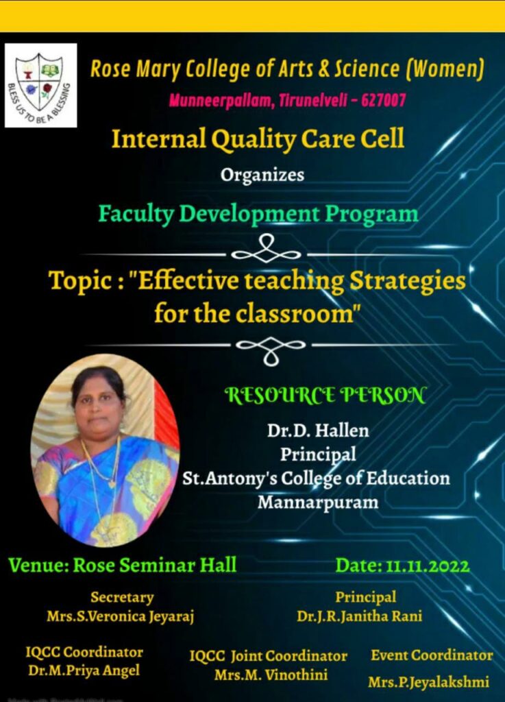 Faculty Development Programme on “Effective Teaching Strategies for the Class room”organized by Internal Quality Care cell on 11/11/2022