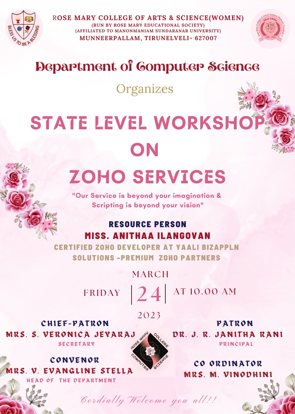 Read more about the article State Level workshop on “ZOHO Services” on 24/3/2023 organized by Department of Computer Science